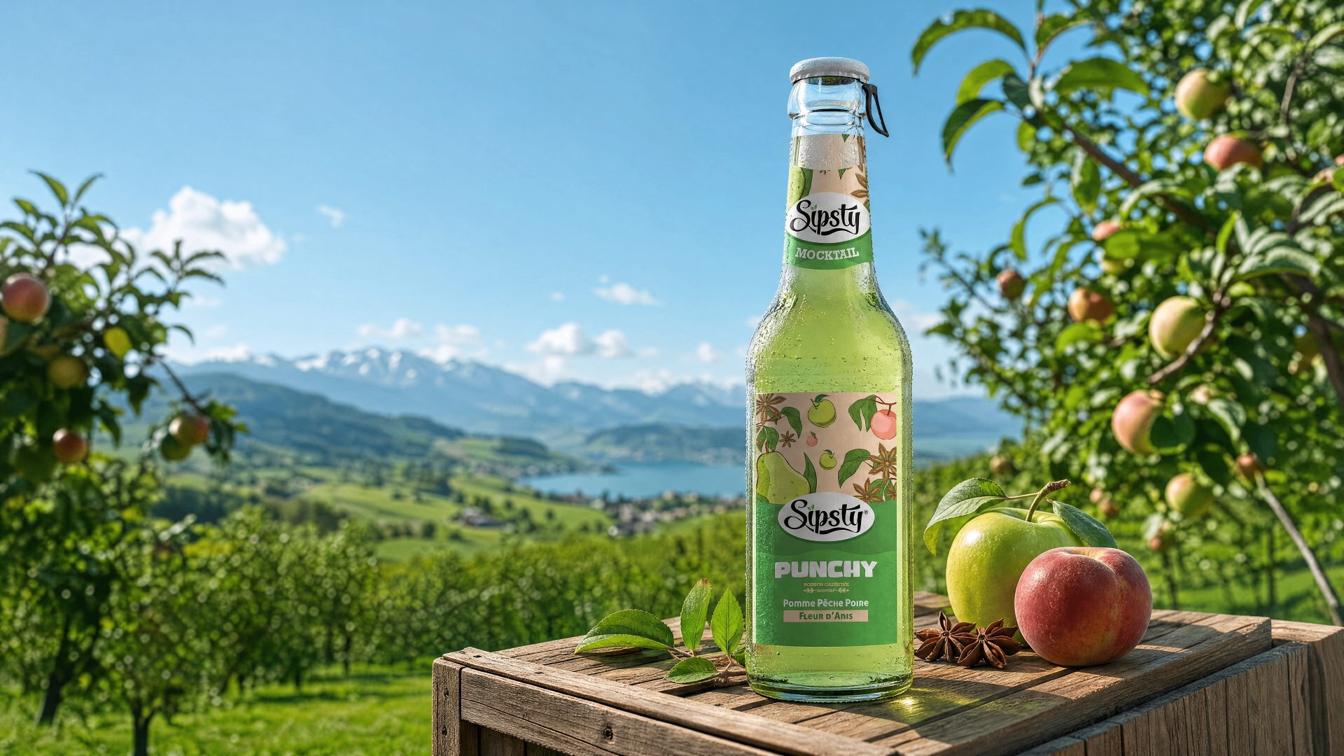 Sipsty Punchy dans un verger suisse face aux montagnes